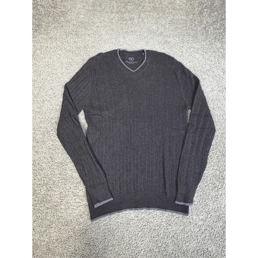 Bugatchi Sweater Mens L Gray 100% Merino Wool V Neck Ribbed Knit Pullover